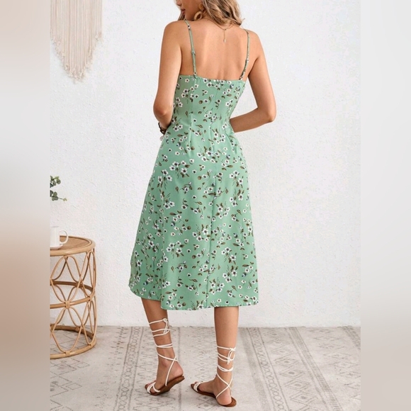 NEW Boho Chic Floral Tie Ruched Split Midi Dress Light Green White - Picture 4 of 7